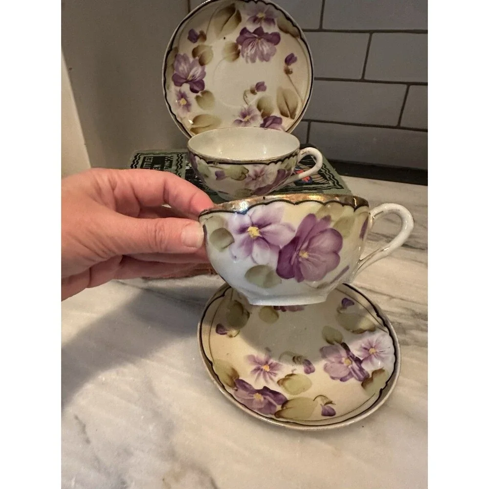 Vtg Nippon Porcelain 2 Tea Cups & Saucer Set Purple Violet Floral with Gold Trim